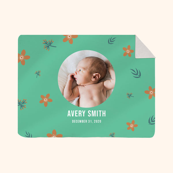 Customized Blanket: Babys Floral Portrait Green Design